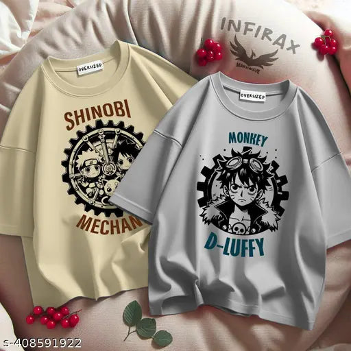 Men's 2x premium oversize combo t-shirts, cotton, short sleeves, printed anime design, 190 GSM, India origin