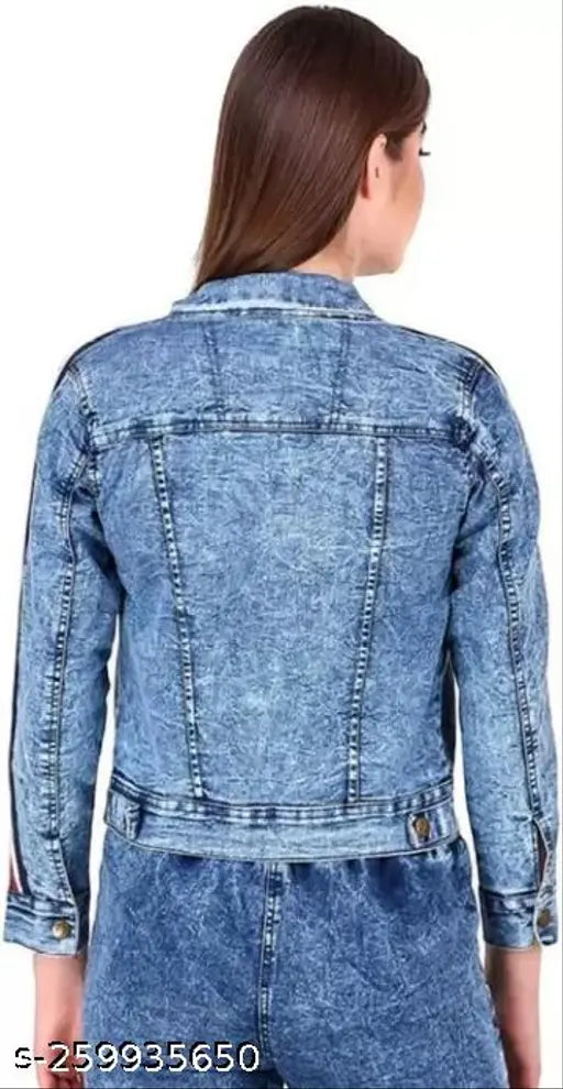 Long-sleeve denim jacket, striped women's style by Saman Fashion Wear, solid pattern, size S (34in bust, 22in length), made in India
