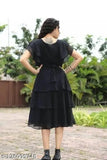 Women's black sleeveless georgette dress with V-neck and ruffle trim