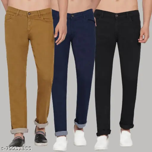 Solid black men's jeans pack 3: Slim fit, high-quality cotton blend with superior comfort, wash care instructions included. Men's jeans sizes: 28, 30, 32, 34, 36, 38, 40 (inches). Made in India