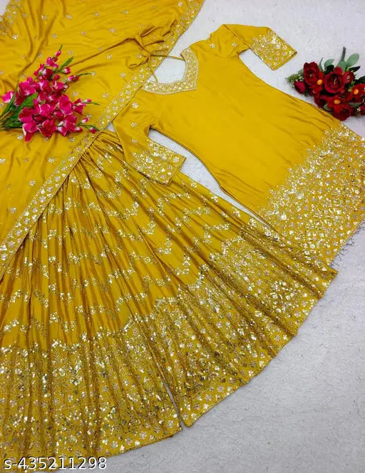 Yellow designer embroidered sharara with flared skirt