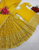 Yellow designer embroidered sharara with flared skirt