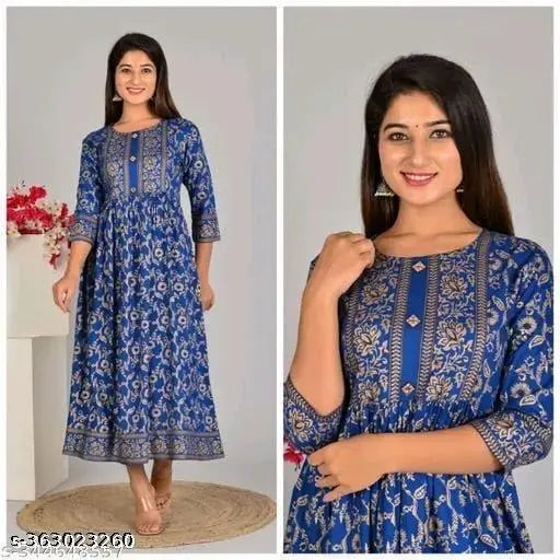 Women's rayon Anarkali printed kurti, three-quarter sleeves, India origin, vibrant print on regular wear