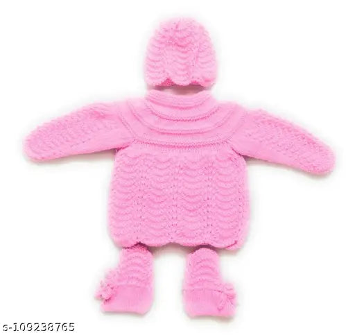 Handmade pink woolen knitted baby sweater set (3pcs) by New Jain Traders, embroidered net design, suitable for babies 0-6 months, warm for winter/semi winter
