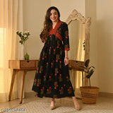 Rose print rayon anarkali kurti, three-quarter sleeves, festive party wear