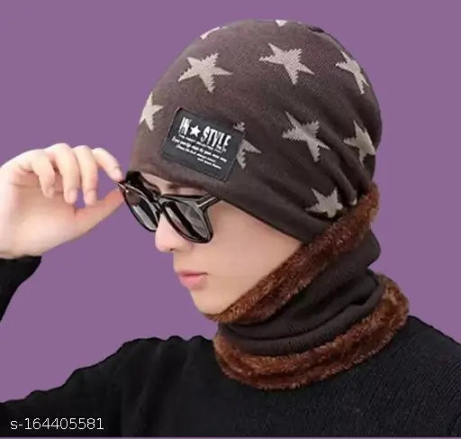 Woolen unisex beanie cap & scarf set with fur - warm, soft touch, stylish woolen winter accessory