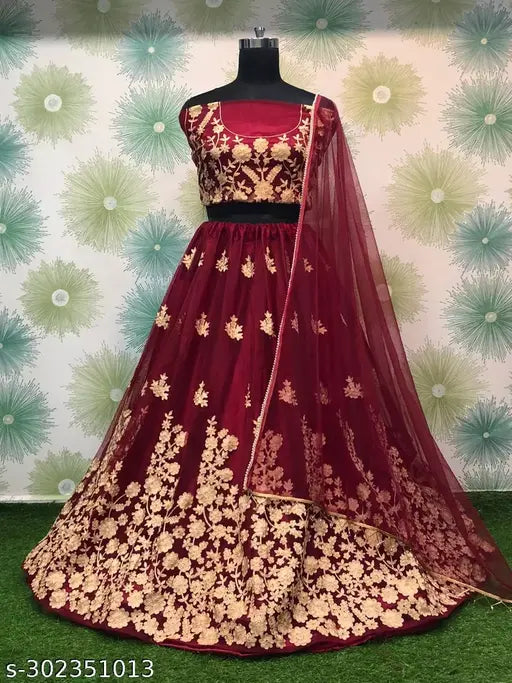 Embroidered silk blend Aagyeyi lehenga and art silk dupatta set, semi-stitched (L-44/43in, D-40in), Indian craftsmanship showcased