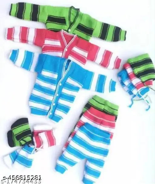 Assorted random color winter baby suit (0-1 month), medium quality polyster 4pc set (sweater, pajama, cap, bottie) for newborn baby boy & girl. Soft polyester for warmth in winter weather