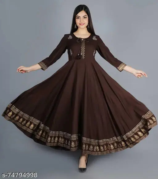 Brown traditional woman's kurta with embroidery, long sleeves, embroidered borders, churidar style