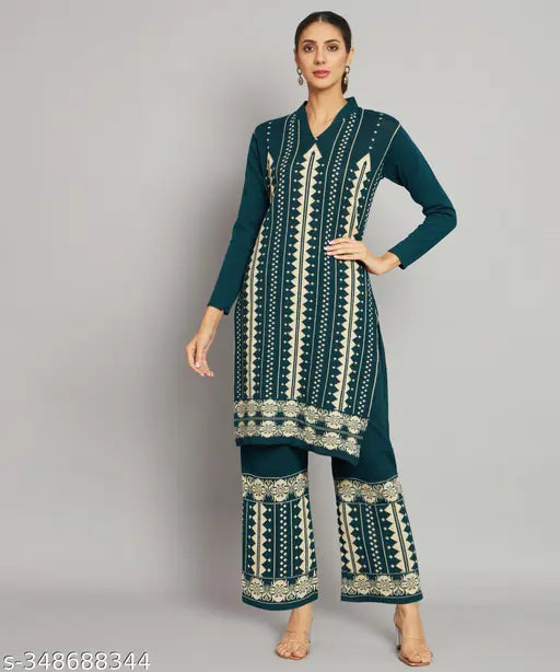 Wool Kurta Set for Women, printed net design, three-quarter sleeves, Palazzos bottoms, India origin