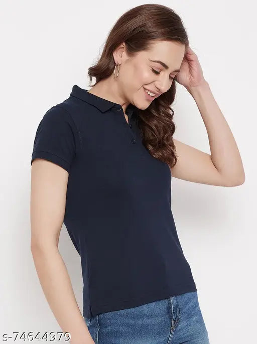 Cotton blend solid polo neck half sleeves t-shirt by Harbor n Bay for women