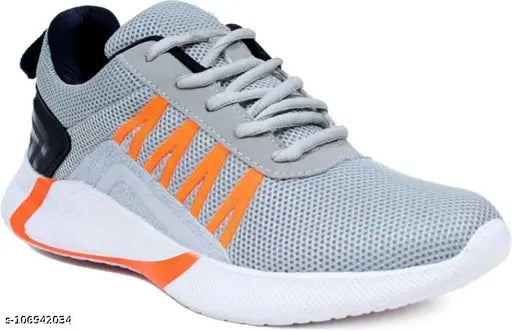 Gray, canvas, low-top sneakers with orange and white accents