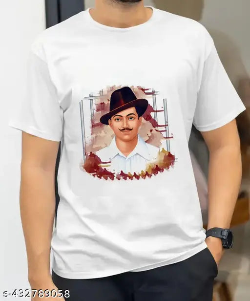 White polyester t-shirt featuring printed image of Shaheed Bhagat Singh, short sleeves, size S (36in chest, 26in length). Indian made