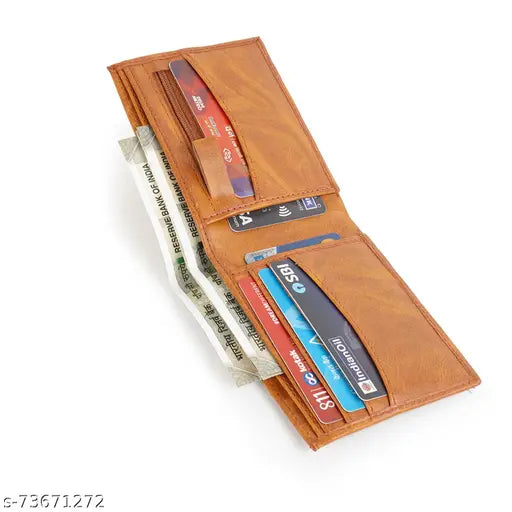 Tan artificial leather men's formal wallet, Wildauk branded with 8 card slots, 2 hidden pockets, and ID window for travel use
