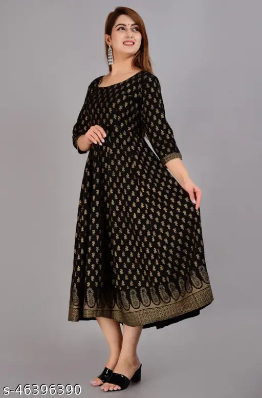 Stylish rayon gold-printed kurti, three-quarter sleeves, rayon fabric, Indian-origin long Anarkali design with gold tashal's on backside