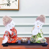 Baby Buddha idols resin figurines set, two 31cm x 11cm x 20cm size for home decor with wooden tray and T light holders