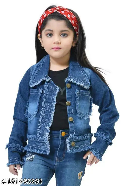 Blue denim jacket with frayed cuffs and collar, black undershirt