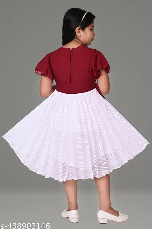 Girls' party dress, maroon sleeves, ruffled hem