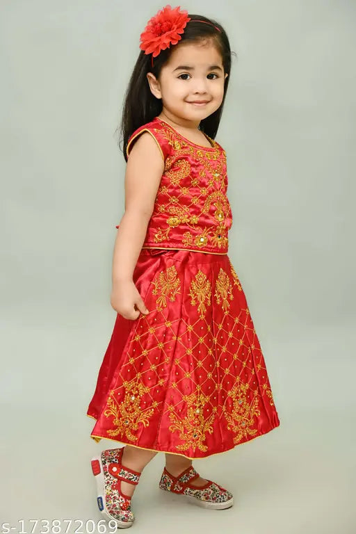Sleeveless cotton blend lehenga choli with embroidered patterns, net dupatta. Indian party outfit for toddlers and kids