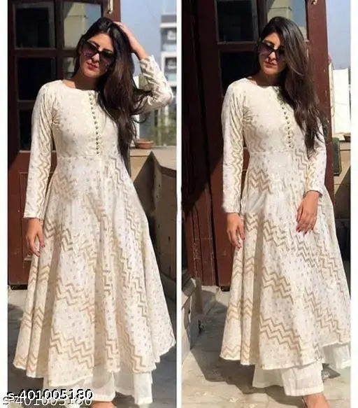 White printed rayon kurti palazzo set for women and girls, three-quarter sleeve, single piece with matching bottomwear. Indian handcrafted design on display