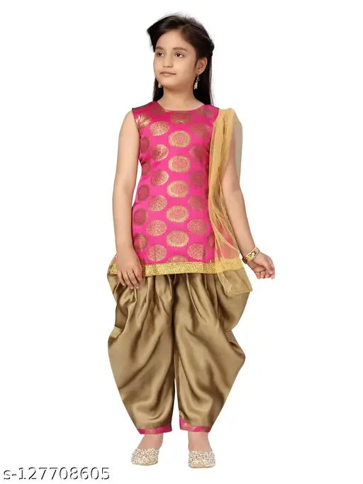 Beige silk salwar suit set for girls, single size (e.g., 8-9 years), printed pattern on net dupatta and silk bottomwear, Indian origin