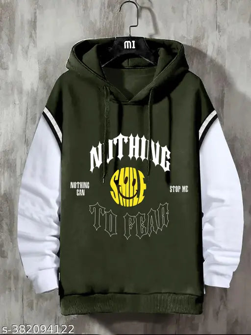 Olive and white cottonblend slim fit T-shirt for men, printed pattern on hooded neck fullsleeve