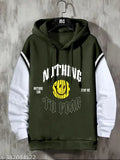 Olive and white cottonblend slim fit T-shirt for men, printed pattern on hooded neck fullsleeve