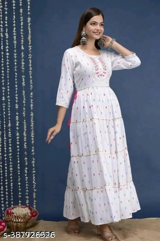 Rayon printed Anarkali Kurta with embroidery, three-quarter sleeves, Indian traditional women's clothing