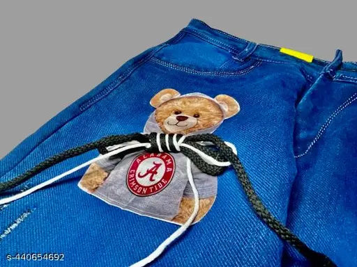 Blue denim pants featuring teddy bear design with sports ball logo