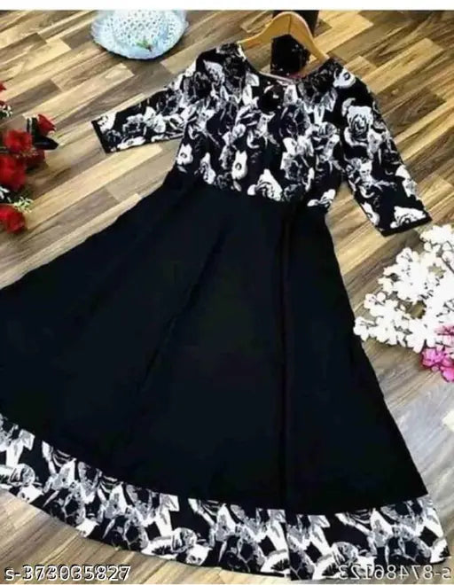Black crepe Anarkali Kurti, printed combo, three-quarter sleeves. Women's fashion for parties and weddings. Presented by Kanaka Enterprises, India