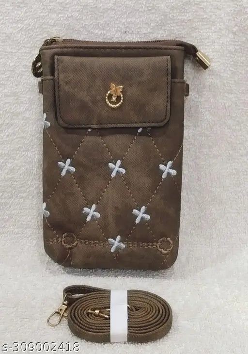 Brown crossbody sling bag with double cain hand clasp. Cell phone holder designed for girls, featuring front designs with various patterns and cross accents
