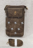 Brown crossbody sling bag with double cain hand clasp. Cell phone holder designed for girls, featuring front designs with various patterns and cross accents