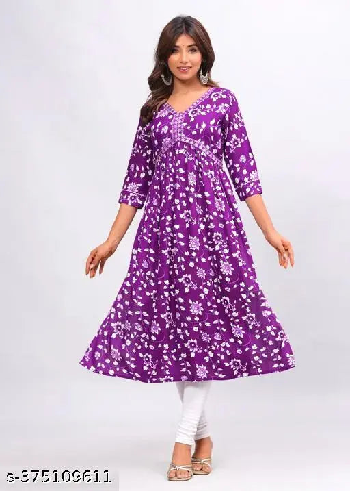 Rayon Aliya cut Kurti, printed three-quarter sleeve, vibrant floral design. Women's fashion, Indian origin