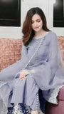 Light blue kurta with embroidered border and cuff, long sleeves, full length, straight cut