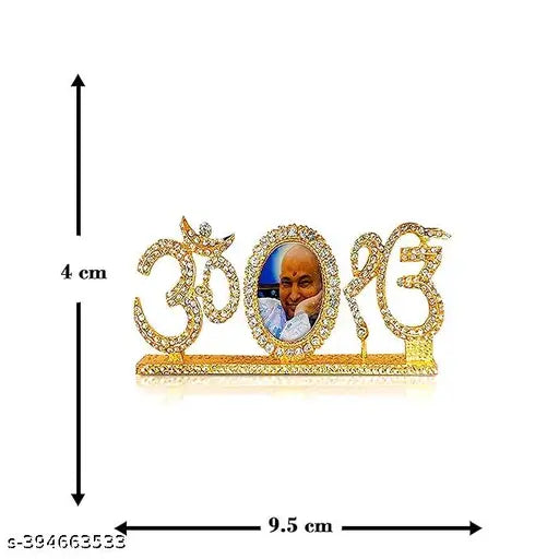 Multicolor Rhinestone Om-Onkar Guruji idol showpiece (4 x 9.5 cm), Indian-made automobile decor for car dashboard and home/office table, made of rust-free high-quality metal