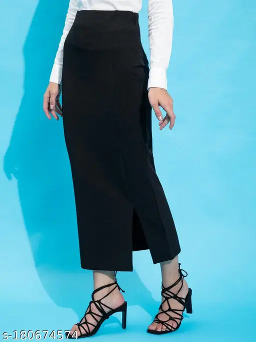 Black high-waisted midi skirt with side slits and a thigh-high slit at the back
