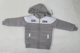Grey hooded puffer jacket, black logo