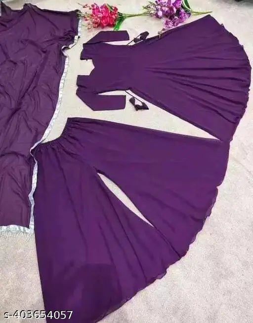Regal Serenity Georgette Plain Kurti set with palazzo pants and dupatta. Ideal for parties, weddings, or casual wear. Crafted from premium georgette fabric