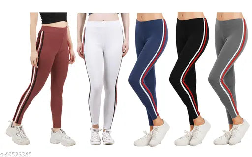 Cotton blend women's jeggings for sports and casual purposes - Solid color, stretchable and comfortable, pack of 5 with various sizes available