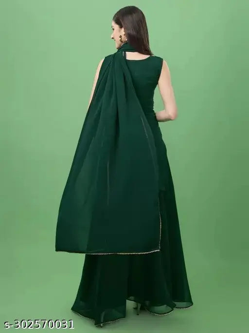 Georgette green round neck sleeveless embroidered dress set for women, including dupatta and sharara
