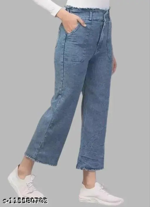 Navy blue knitted denim high waist straight fit flared jeans for women, non-stretchable with wide leg style