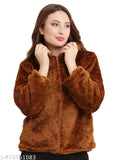 Women's black fleece fur jacket, long sleeves, solid design, winter wear, ready-to-wear for women and girls