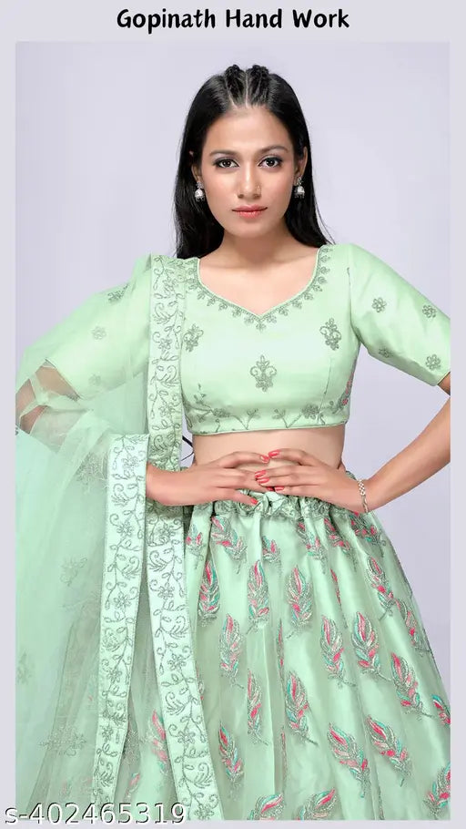 Pista-embroidered net lehenga choli set with blouse and dupatta for women, free size, India origin