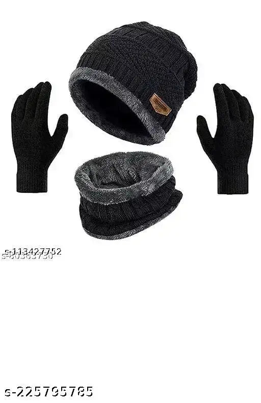 Trendy black woolen beanie cap with neck warmer & cotton gloves set - winter essential for men & women