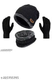 Trendy black woolen beanie cap with neck warmer & cotton gloves set - winter essential for men & women