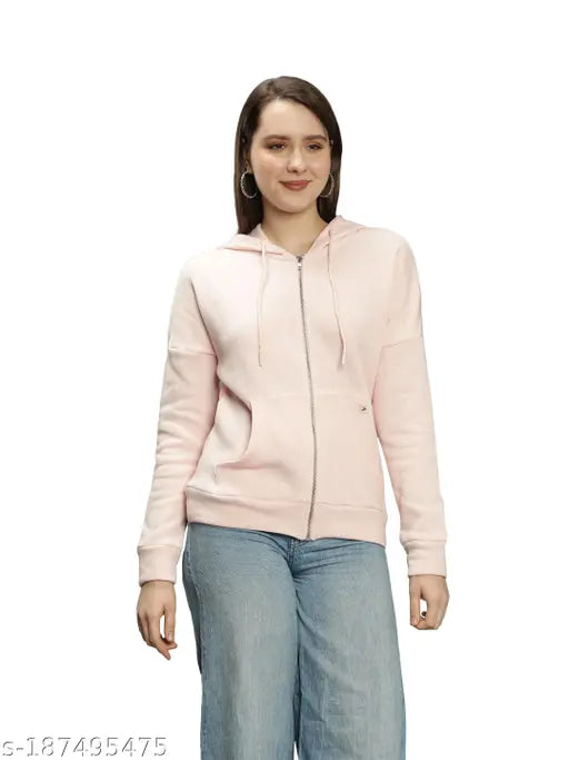 Peach cotton blend hoodie jacket with kangaroo pocket, perfect for lounging and casual wear