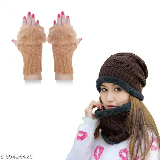 Unisex coffee woolen premium quality beanie cap with neck warmer, gloves