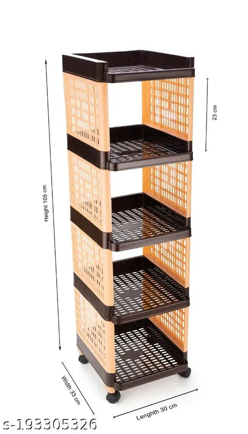 Multi-purpose storage organizer rack, five tiered with plastic bins, wheels for mobility, suitable for both kitchen and office use