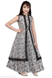 Grey silk ethnic girls gown, sleeveless printed net daily wear kurti, India origin