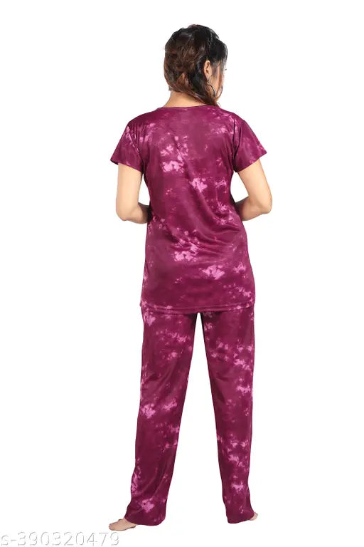 DSIYA women's printed satin nightsuit set (top and pyjama), short-sleeved, printed pattern, size M/L/XL/XXL, Indian origin